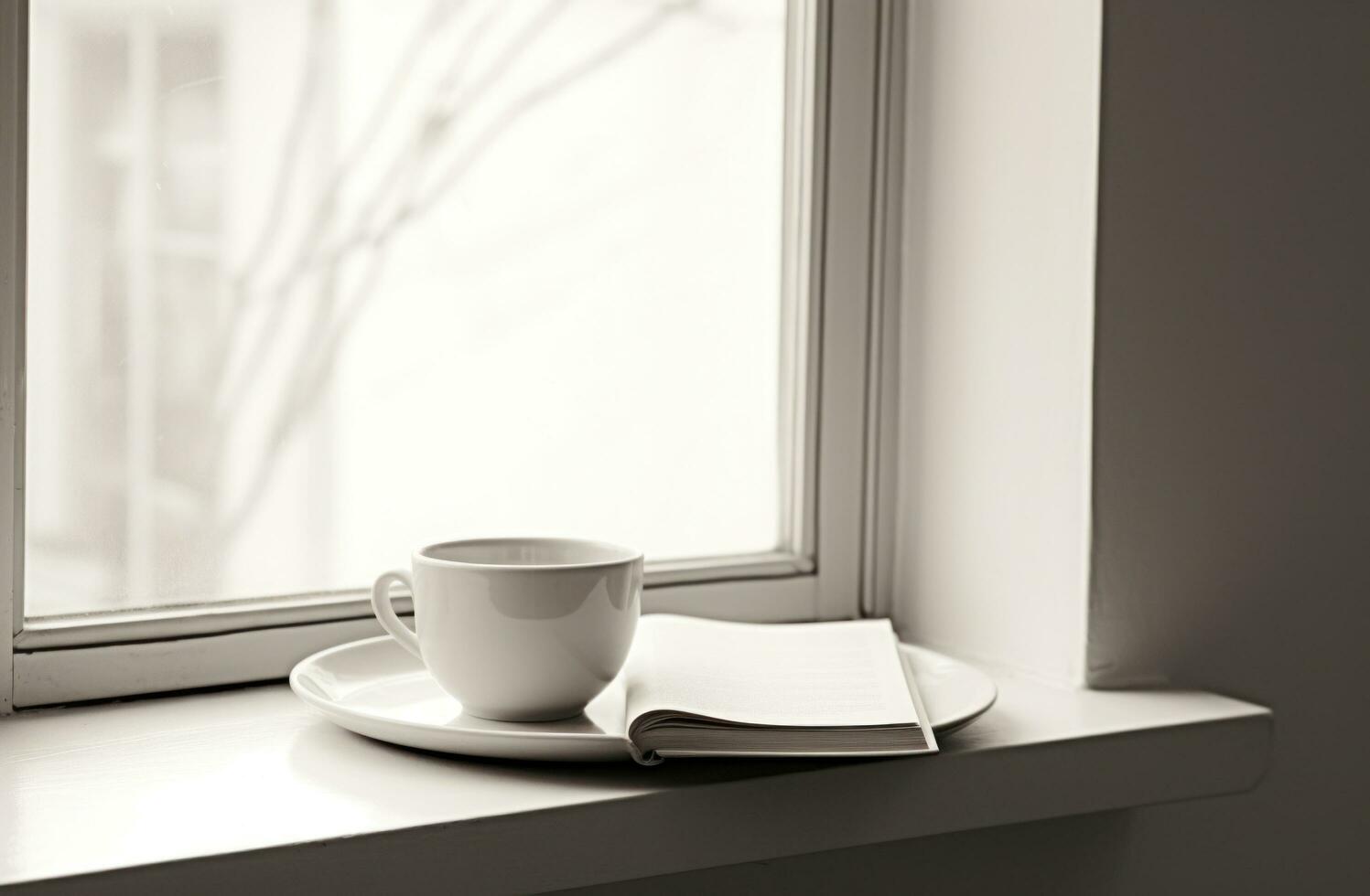 AI generated coffee and a book on a white table photo