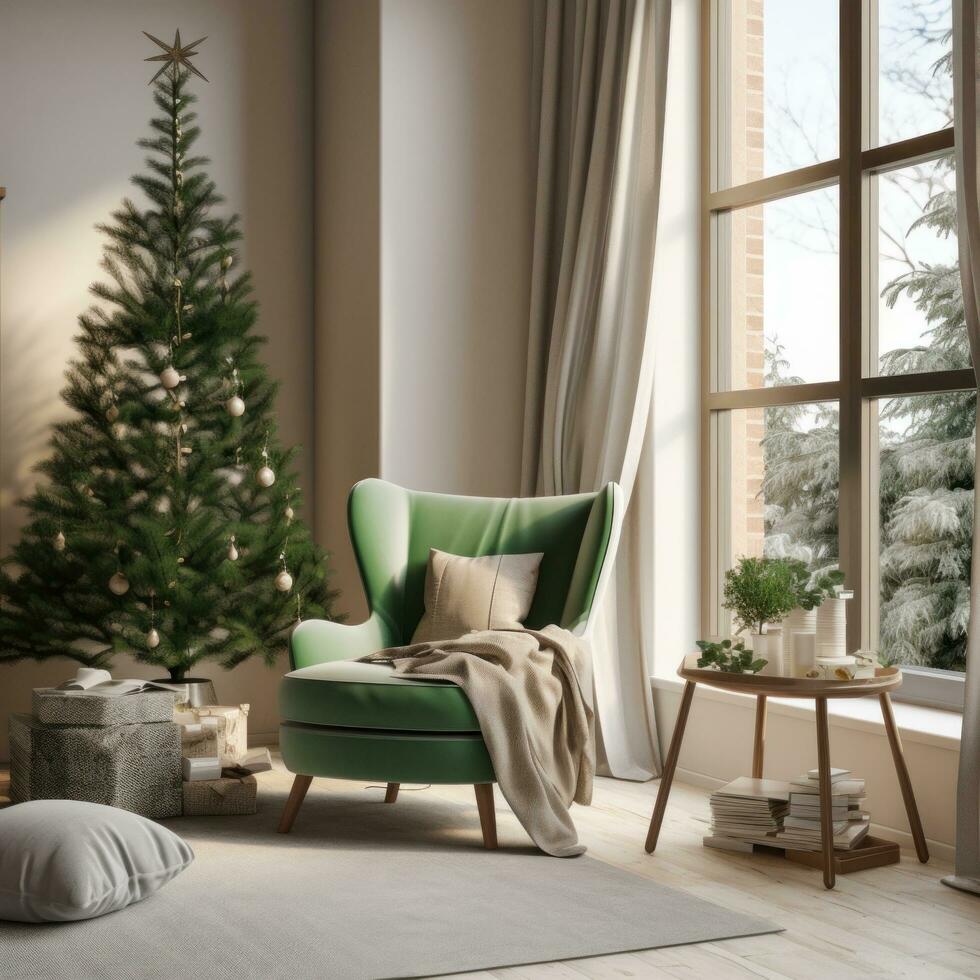 ai generado un familia habitación con un pequeño Navidad árbol y un verde silla foto