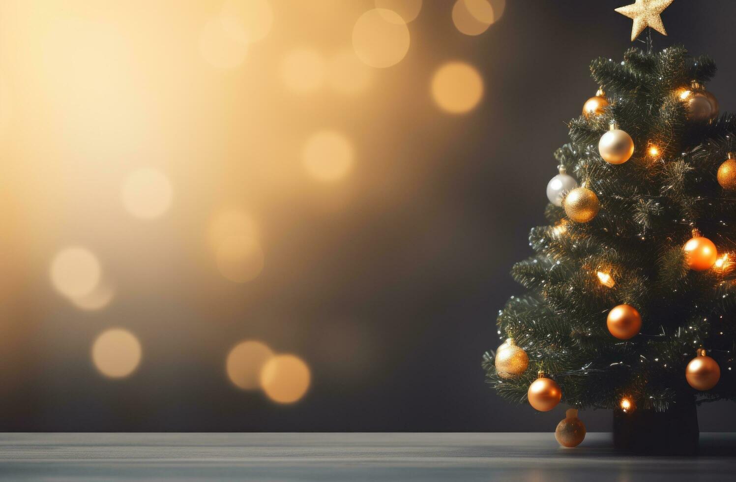 AI generated christmas tree in an open, grey room with a bokeh effect photo