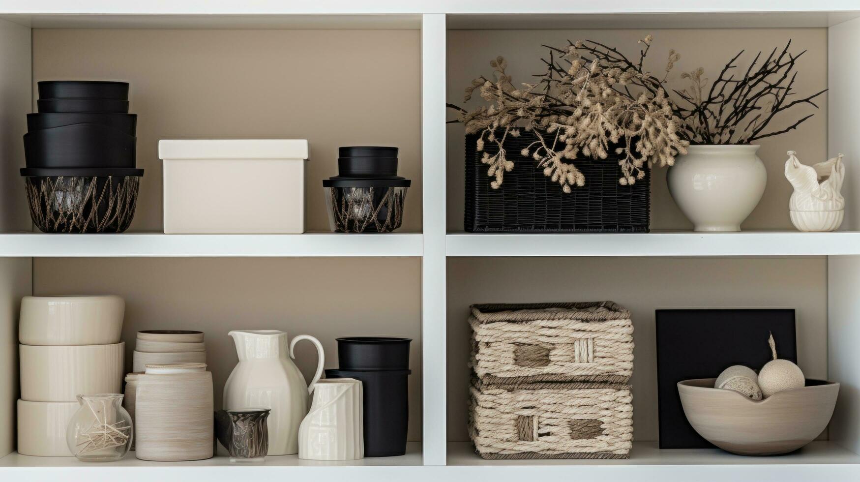 AI generated white shelves contain several containers or storage boxes in different shades photo