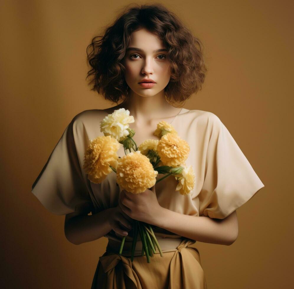 AI generated woman in dress holding bouquet of flowers, photo