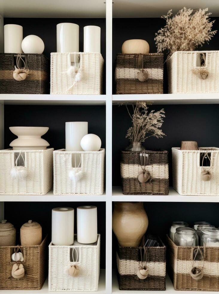 AI generated white shelves contain several containers or storage boxes in different shades photo