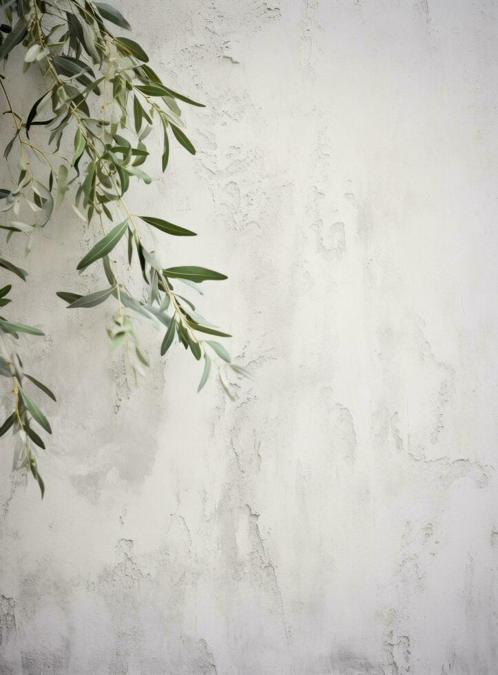 AI generated white chalk wall with green olive tree, photo