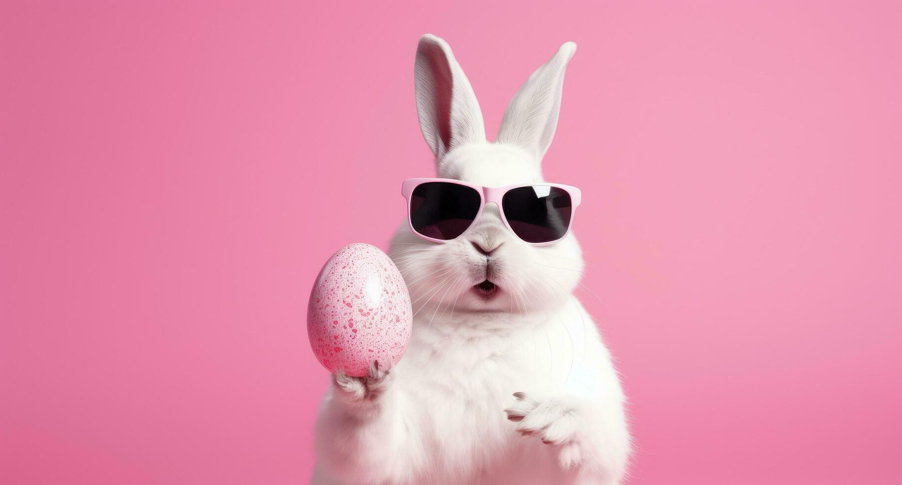 AI generated easter rabbit male in sunglasses holding Easter egg with glove photo