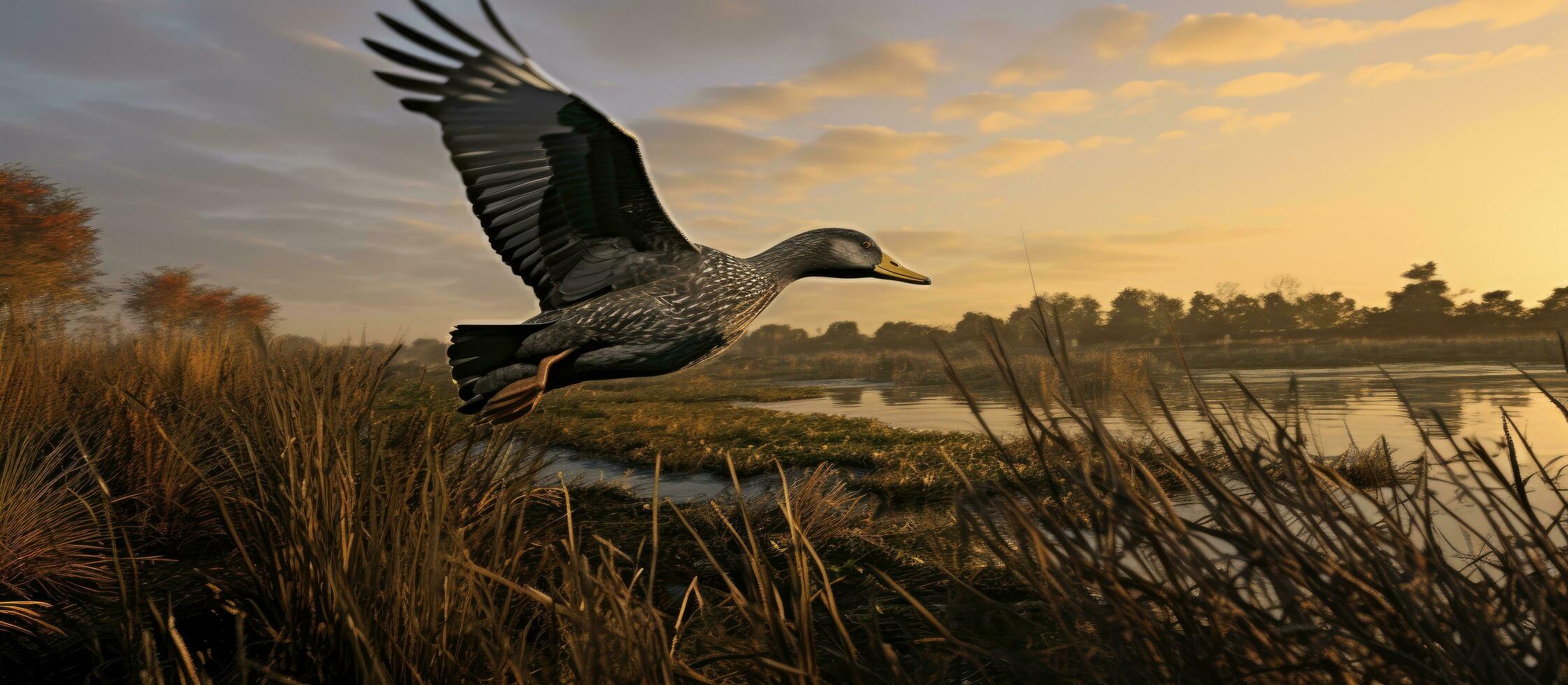 AI generated duck flying over treed grasslands in the early morning light photo