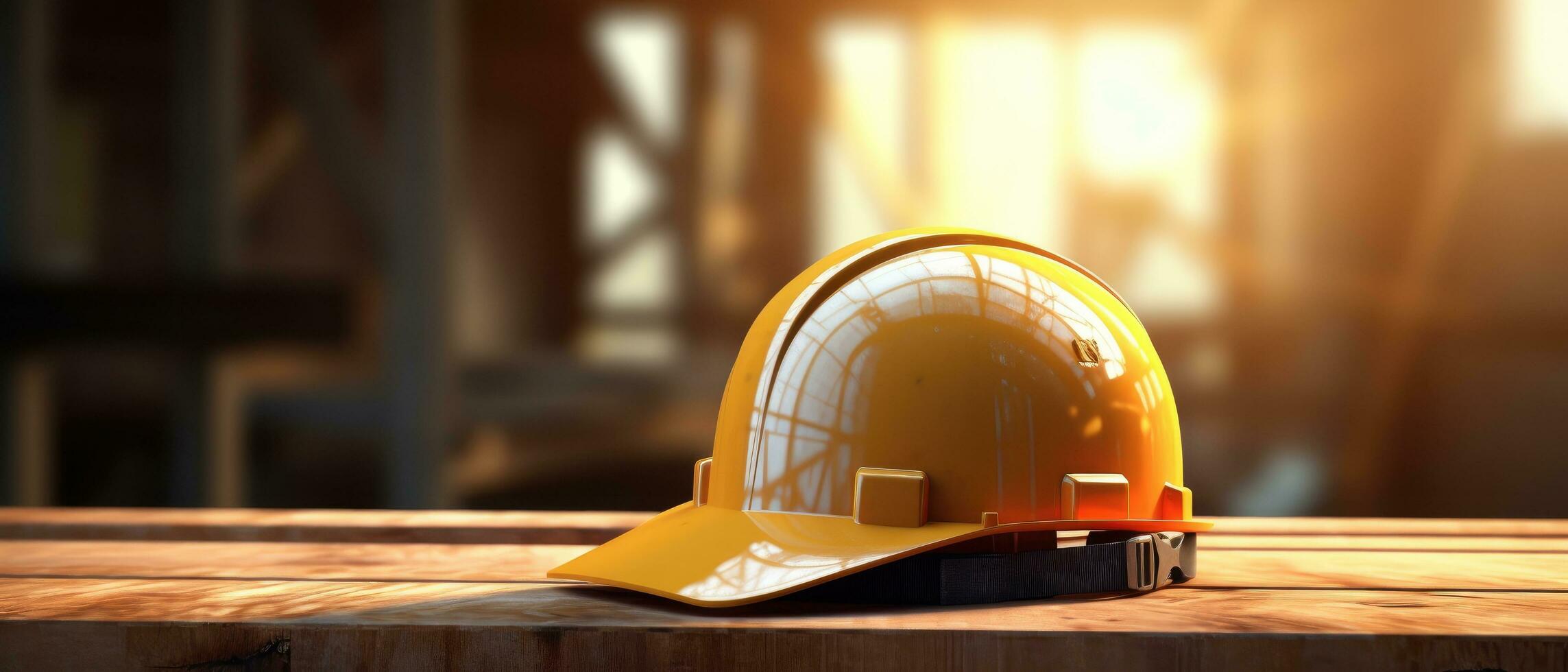 AI generated construction hard hat on wooden floor photo