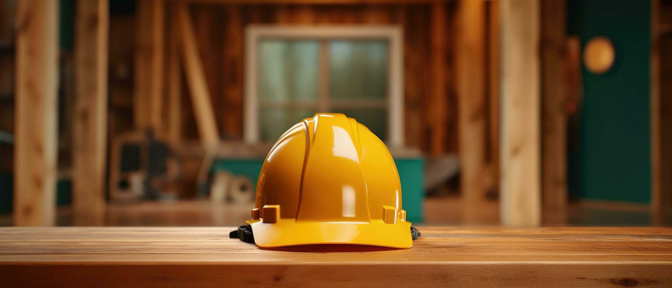 AI generated construction hard hat on wooden floor photo