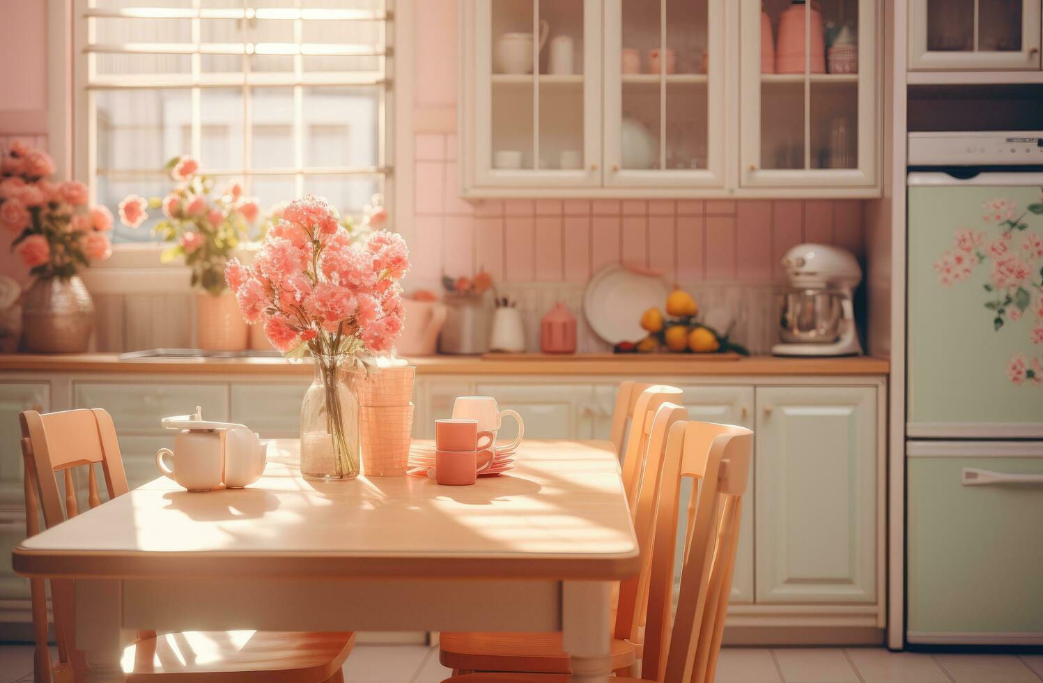 AI generated a kitchen decorated with white flowers and table and chairs photo