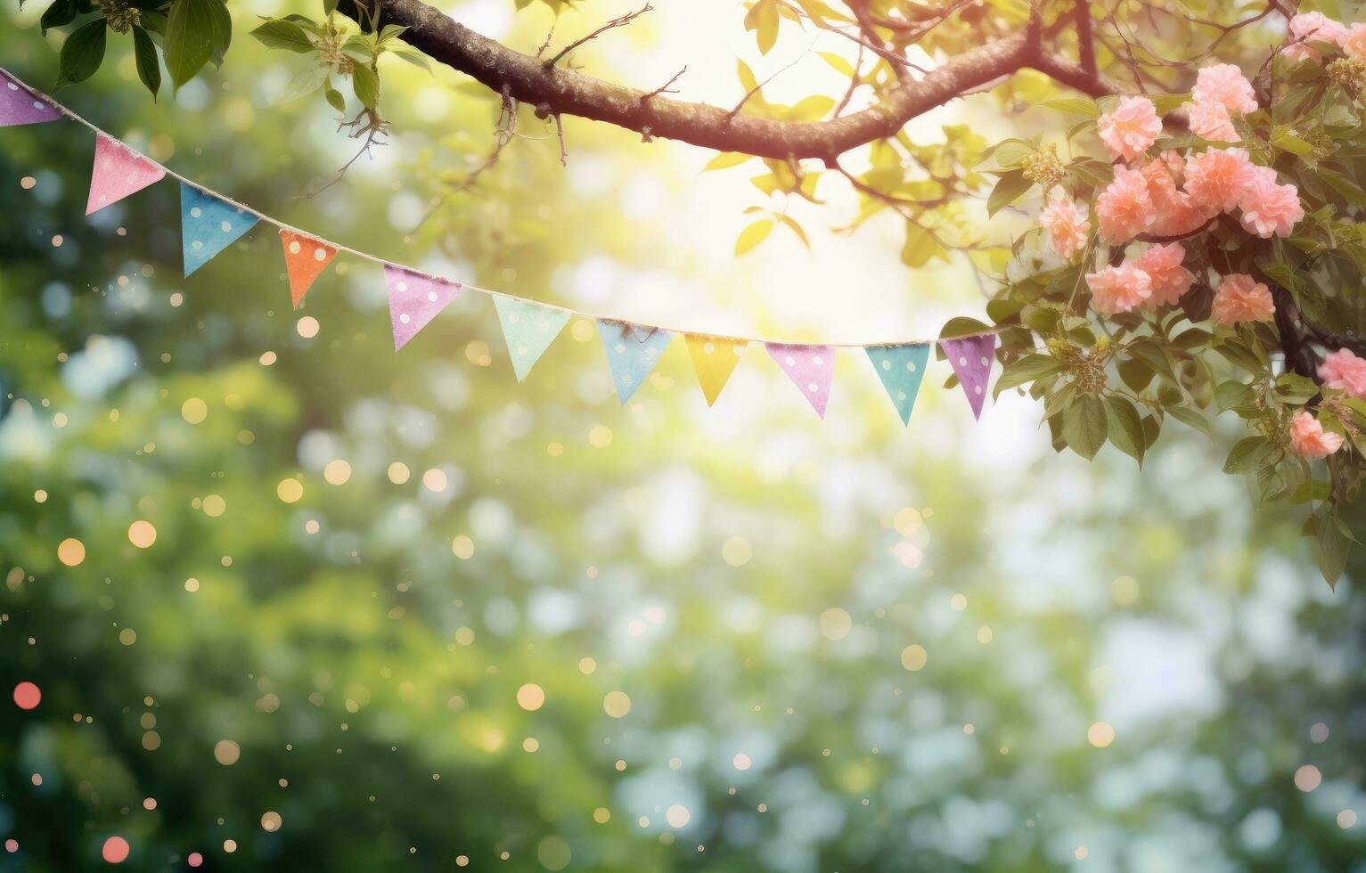 AI generated buntings over a tree branch, in the style of confetti-like dots photo