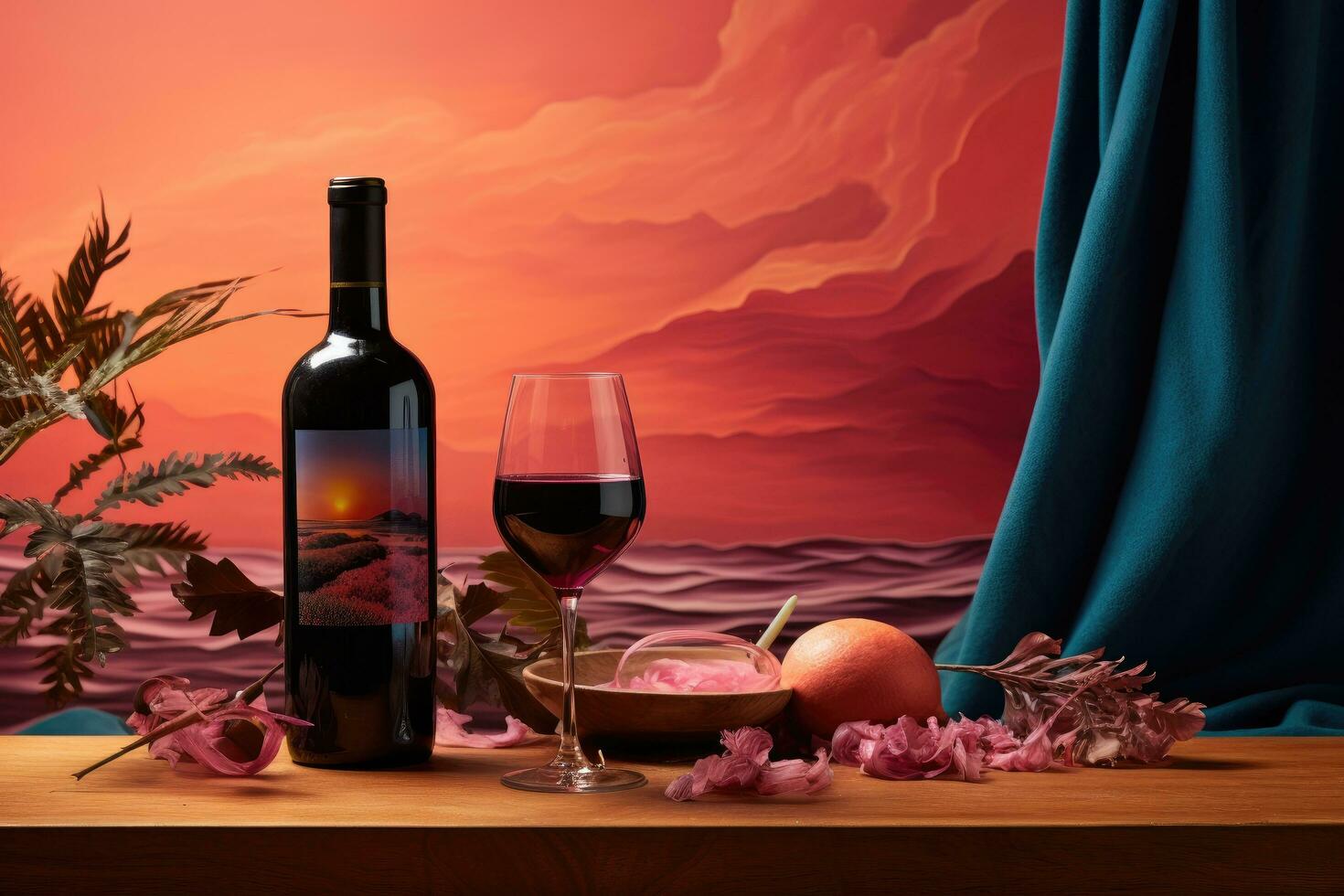 AI generated a bottle of pink wine sits on a wooden table photo