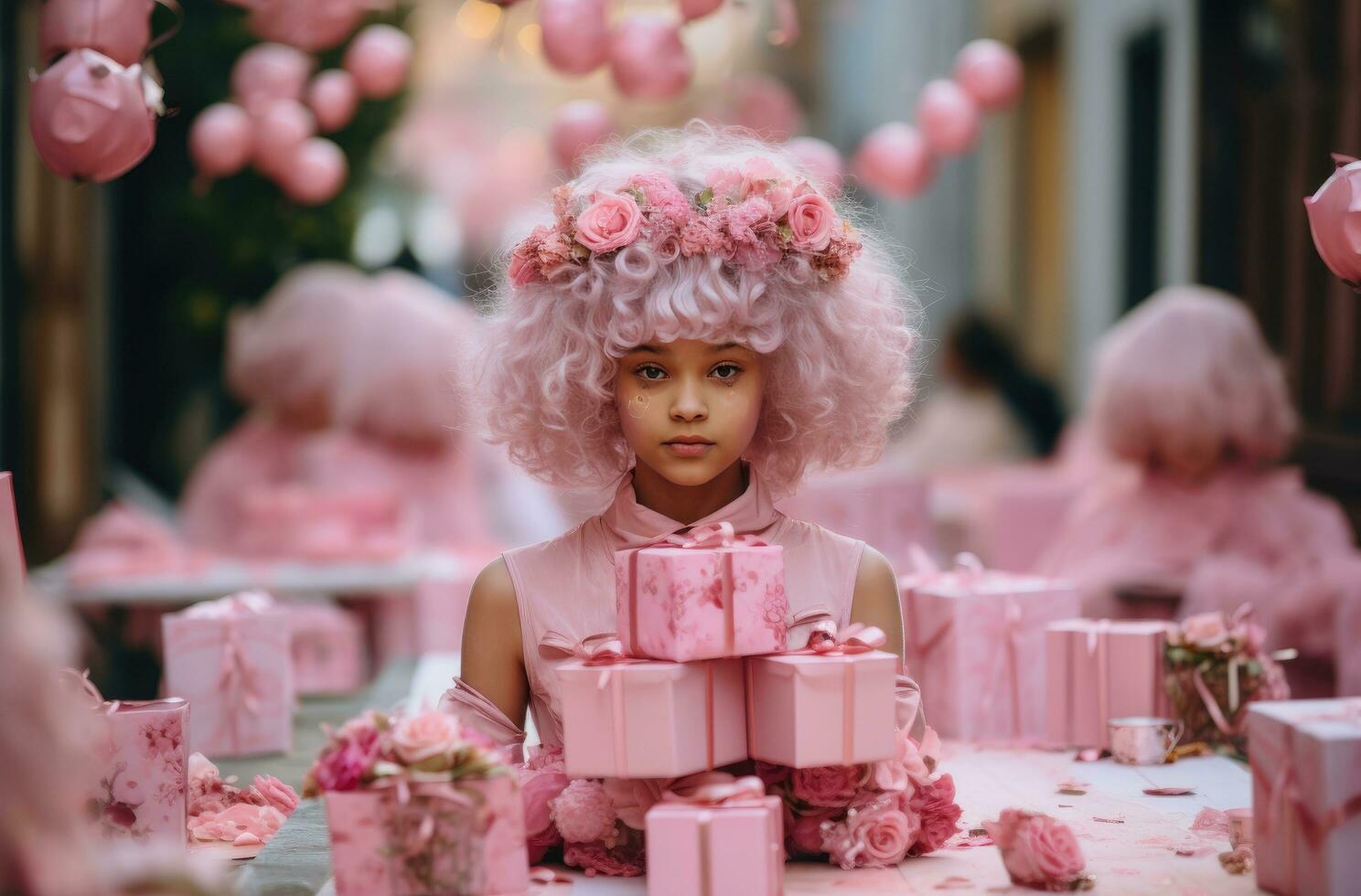 ai generado un pequeño niña es participación un rosado caja en su cabeza y participación eso arriba foto