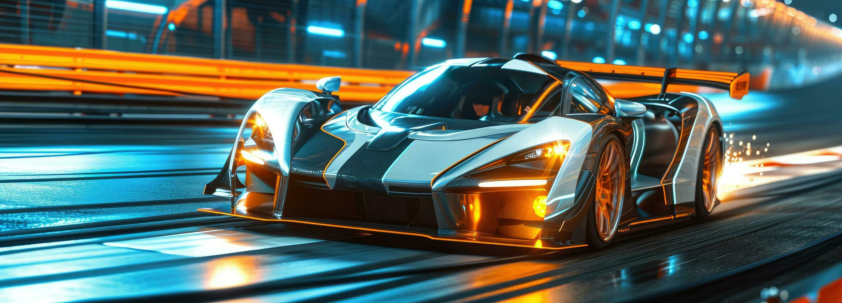 AI generated an electric car is on a racetrack and connected to a charger photo
