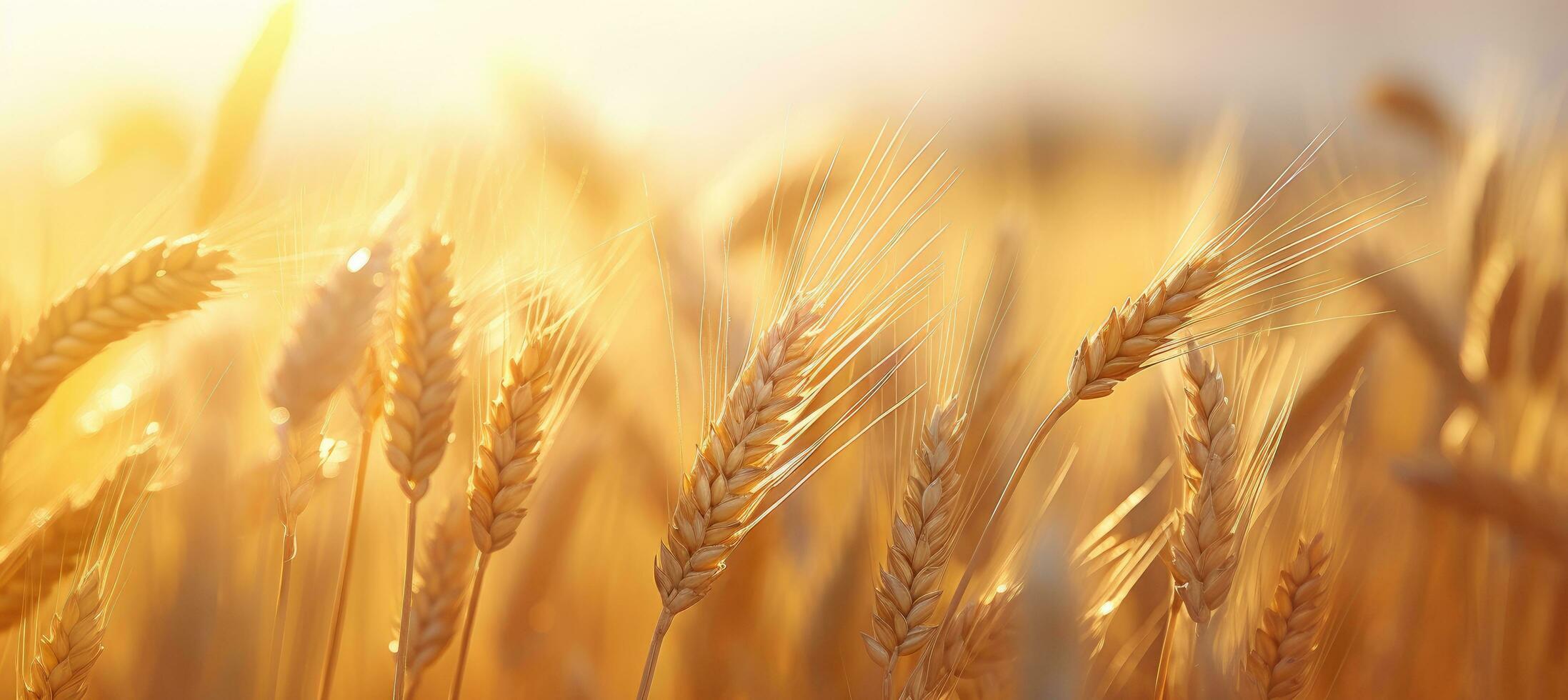 AI generated close up of white wheat stalks on a field of grain at sunset photo