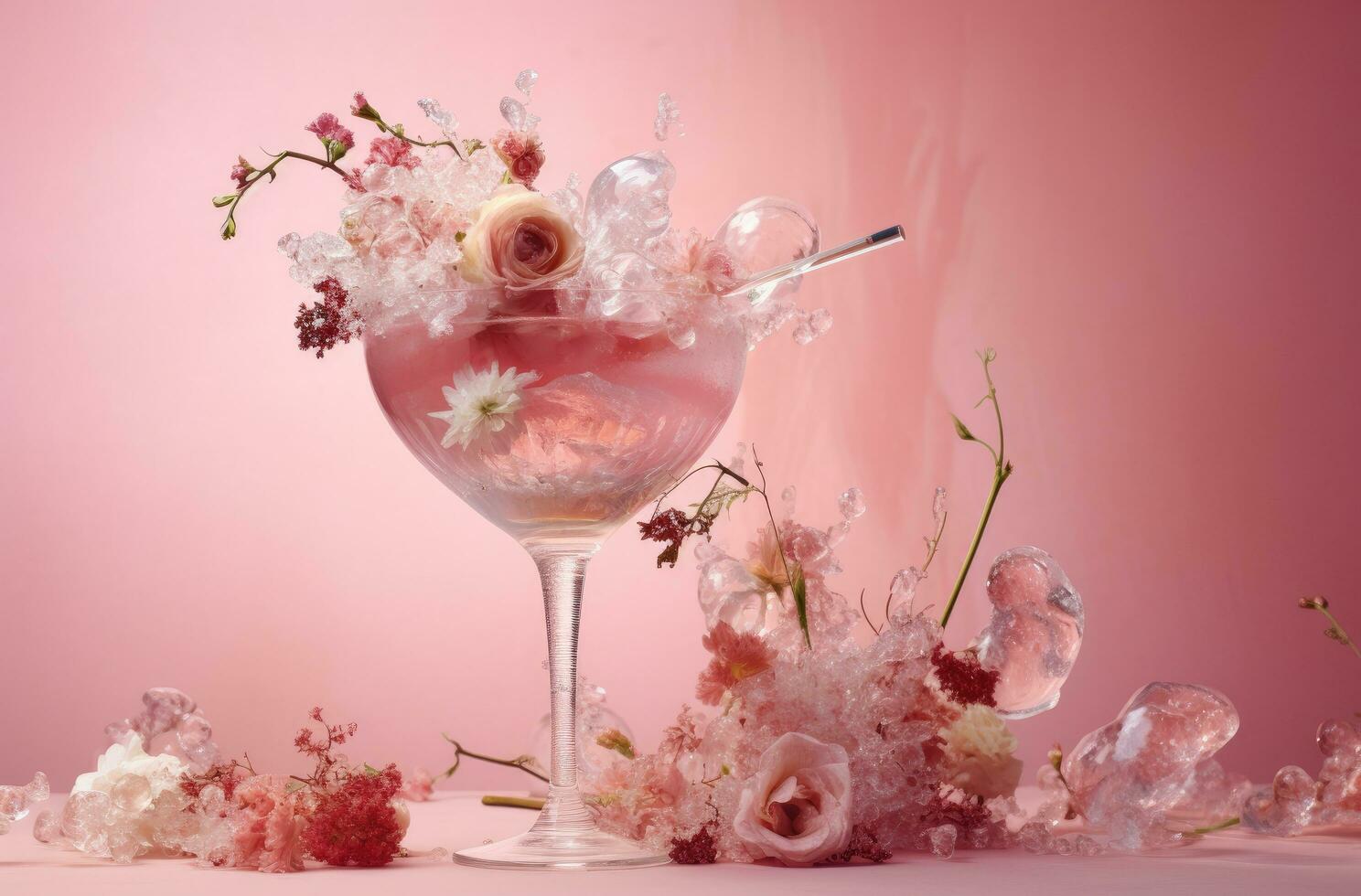 AI generated a pink cocktail with ice in it surrounded by pink flowers photo