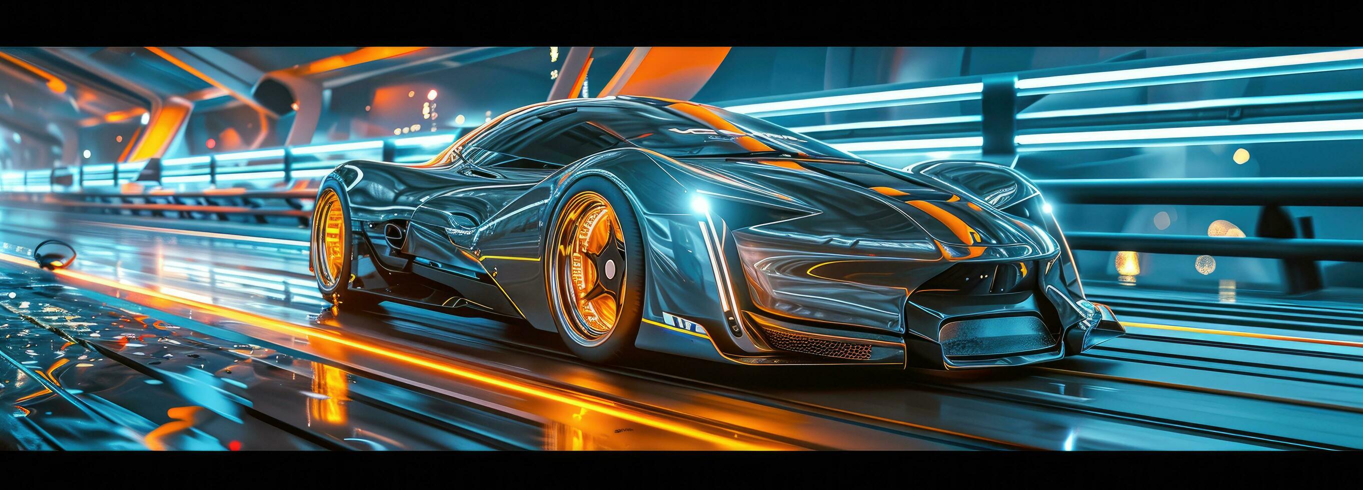 AI generated an electric car is on a racetrack and connected to a charger photo