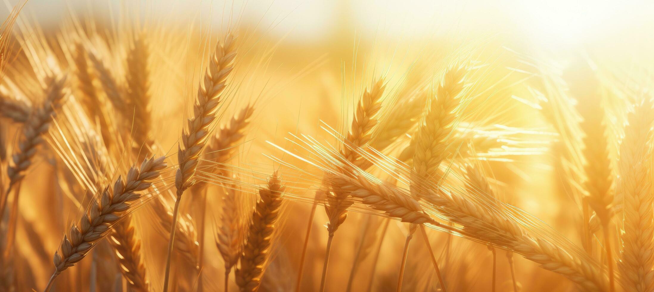 AI generated close up of white wheat stalks on a field of grain at sunset photo