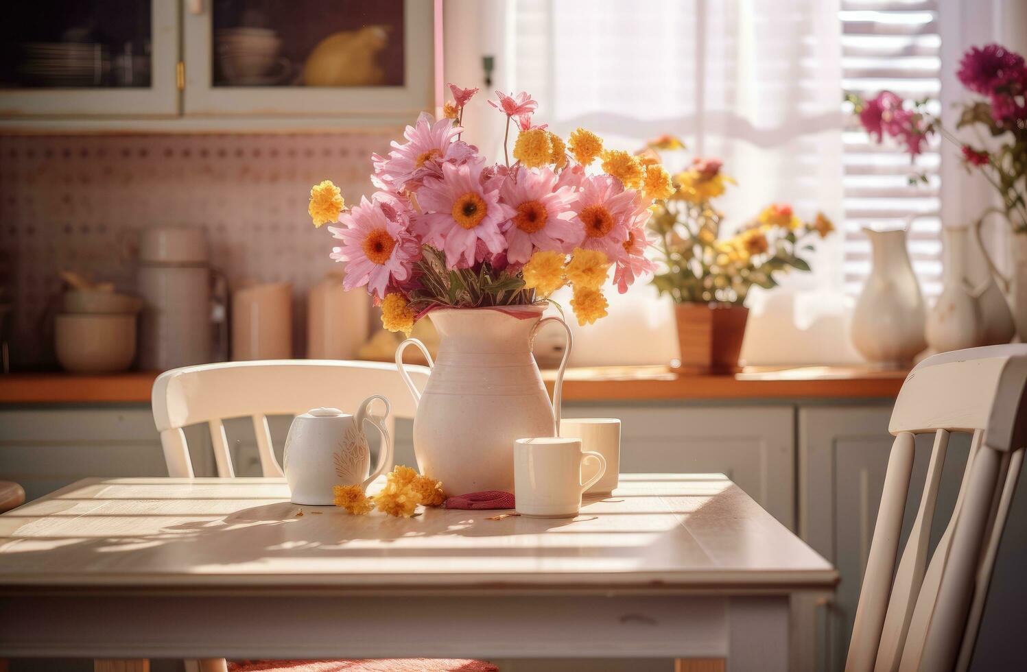 AI generated a kitchen decorated with white flowers and table and chairs photo