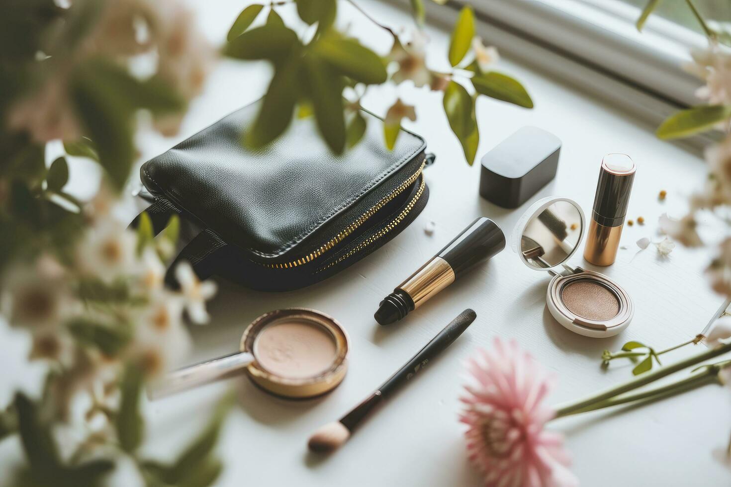 AI generated A minimalist image of a makeup pouch with carefully arranged products photo
