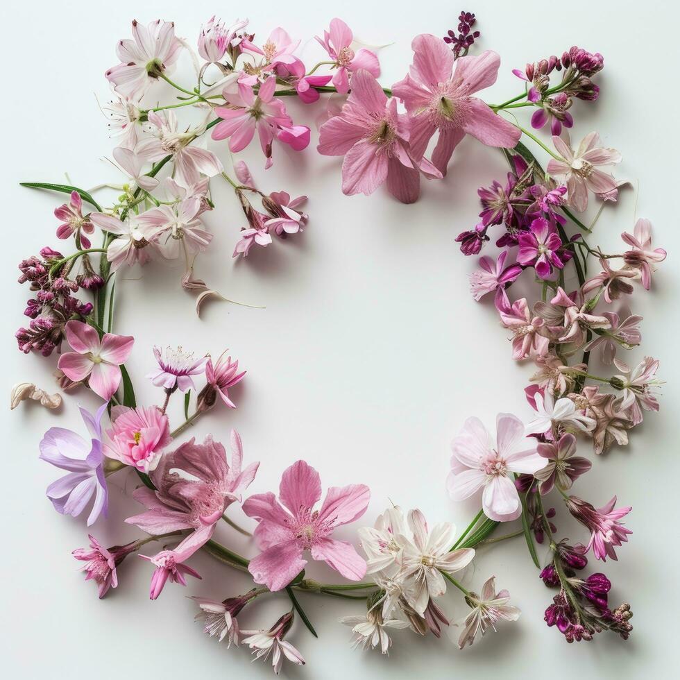 ai generado un rosado flor marco en blanco antecedentes con floral diseño foto