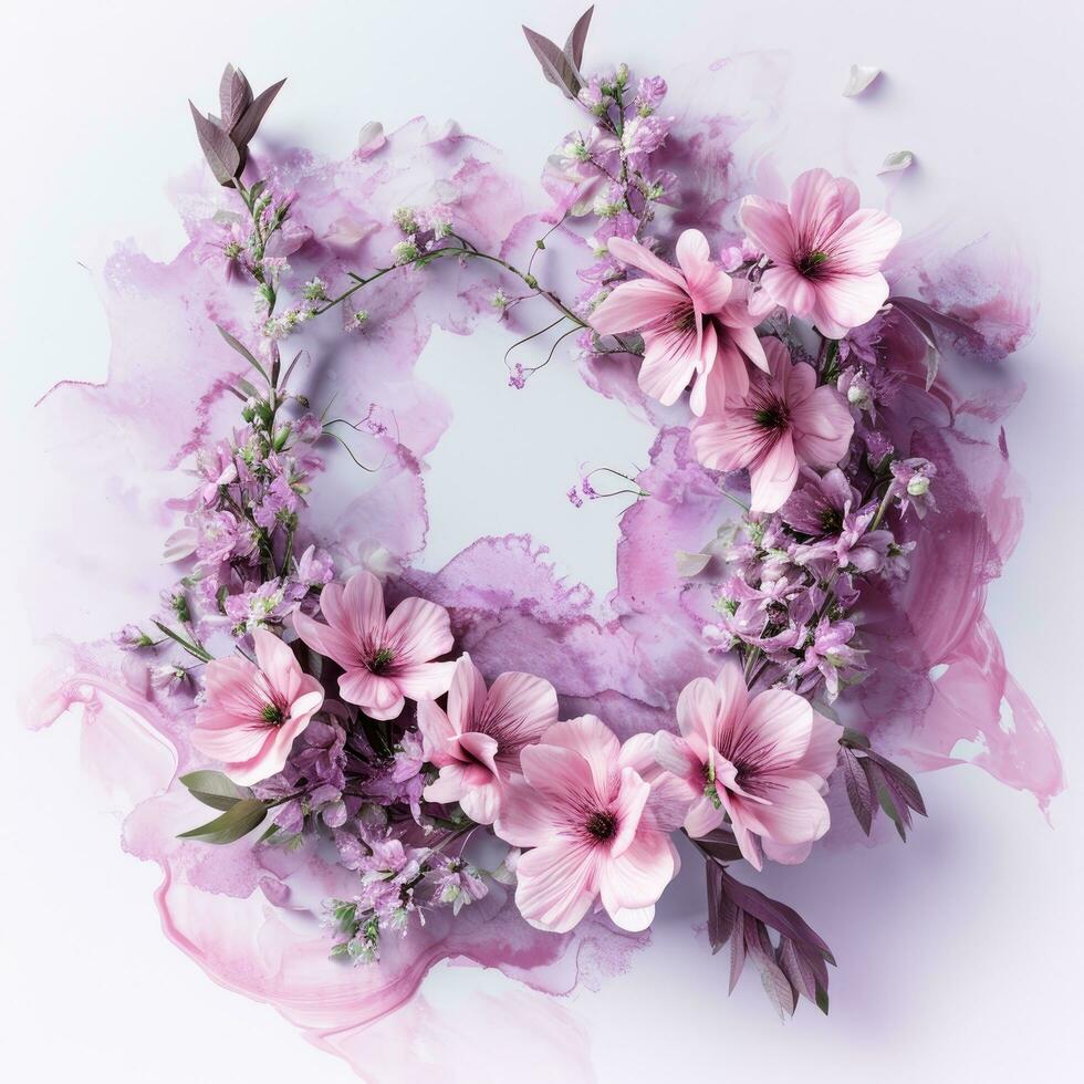 ai generado un rosado flor marco en blanco antecedentes con floral diseño foto