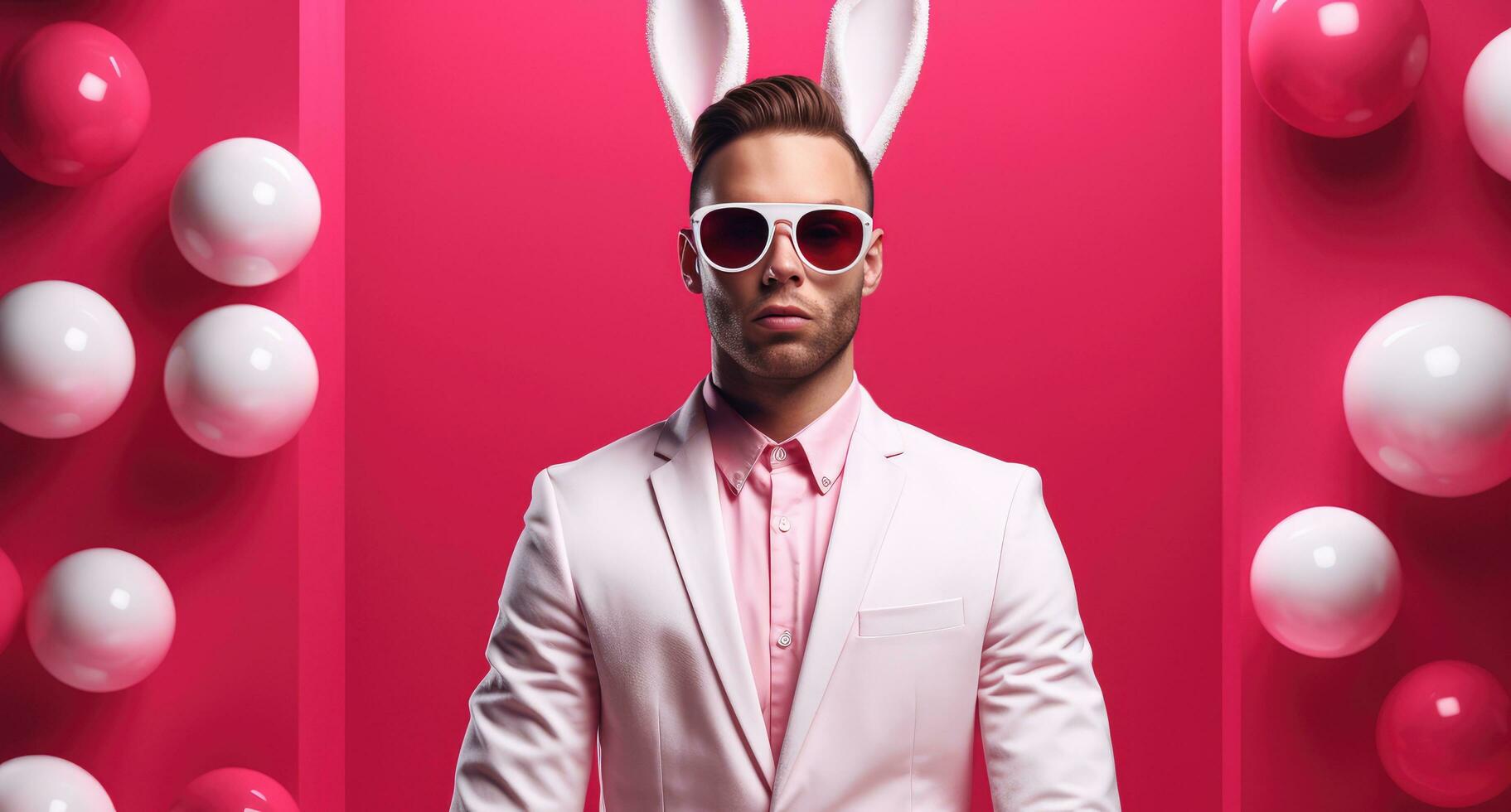 AI generated a young man in a red suit standing in front of an easter egg with sunglasses on photo