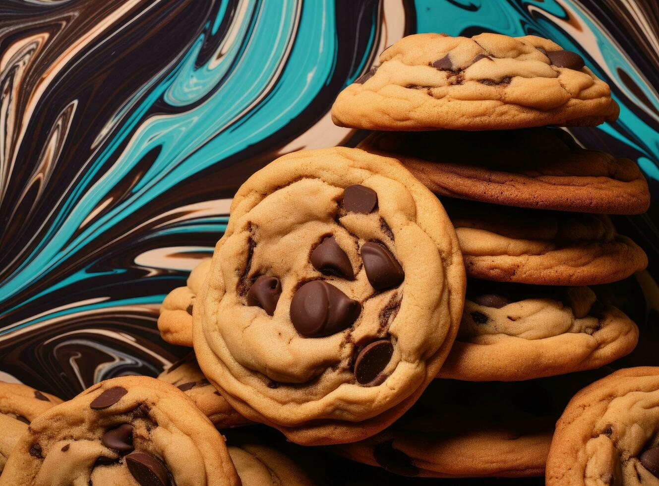 AI generated a stack of chocolate chip cookies next to a pile of chocolate chips photo