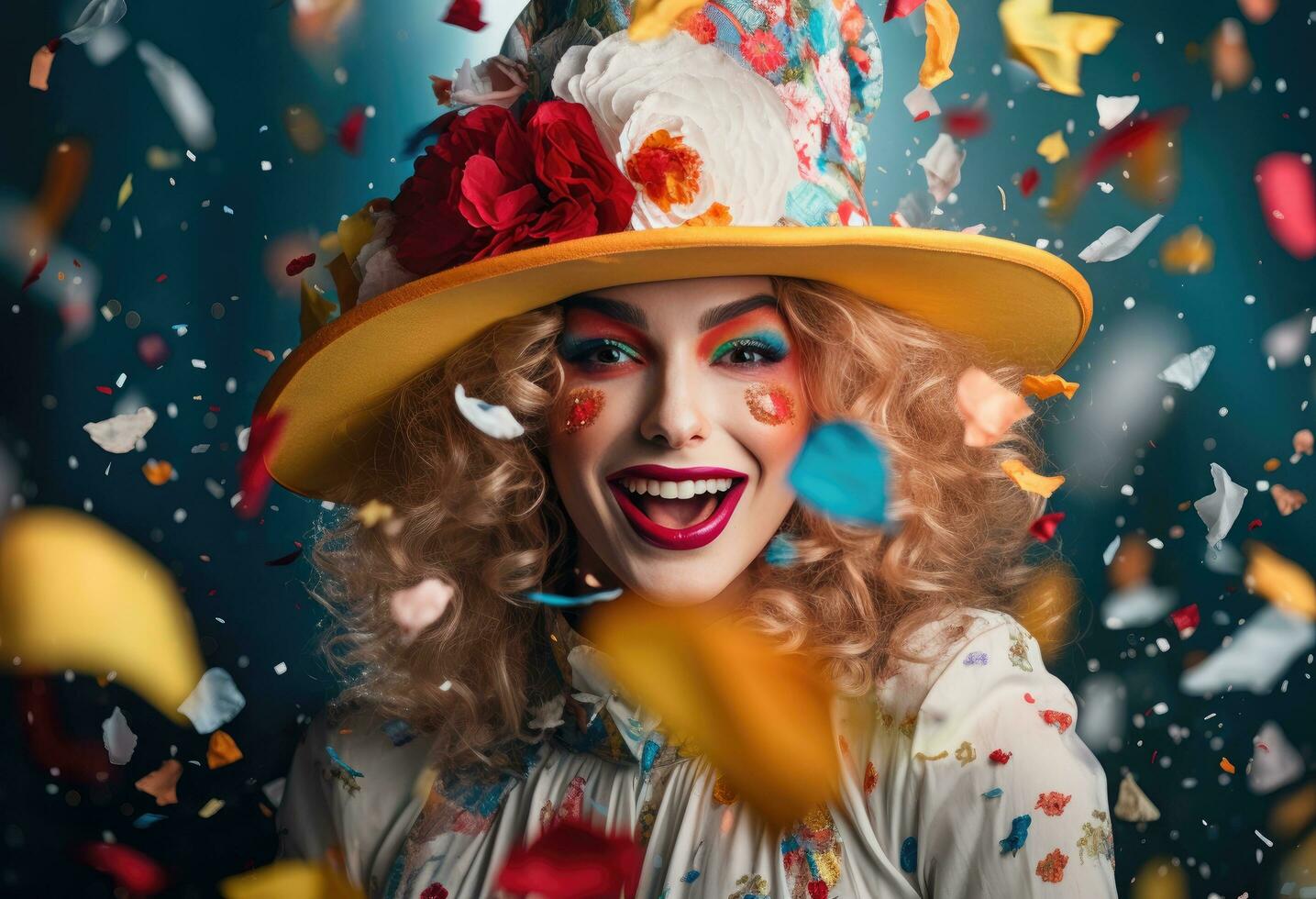 AI generated a clown in a hat makes confetti, photo