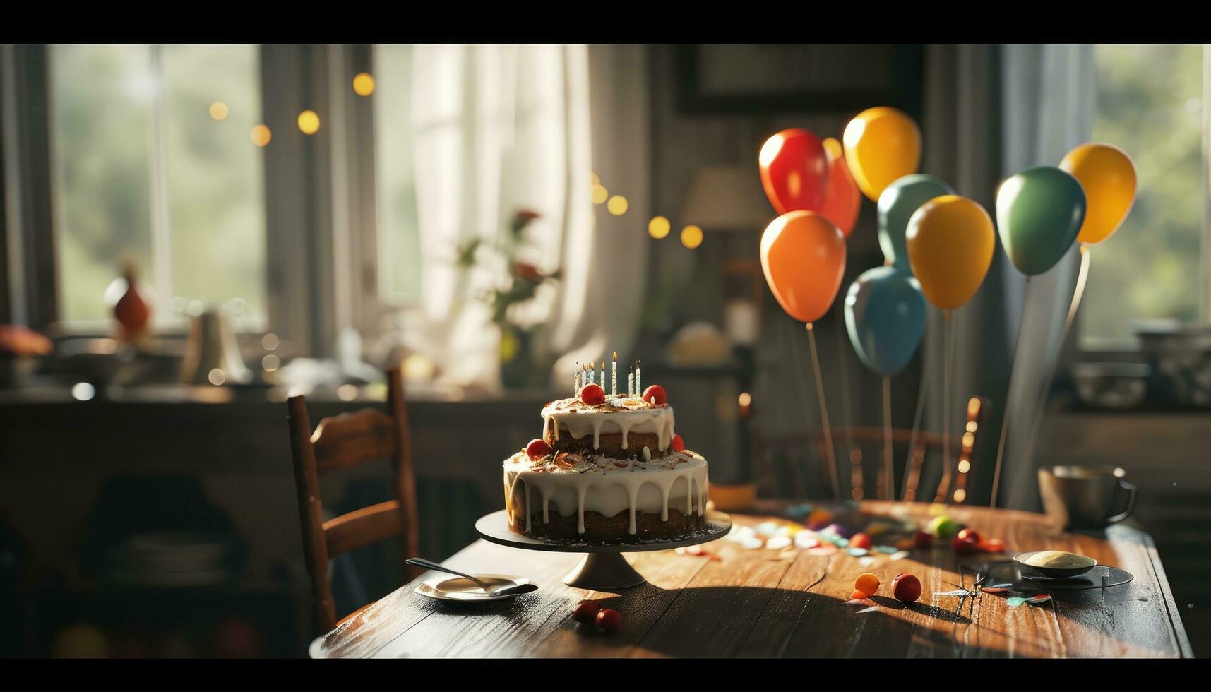 AI generated a birthday cake sitting on a table with balloons photo