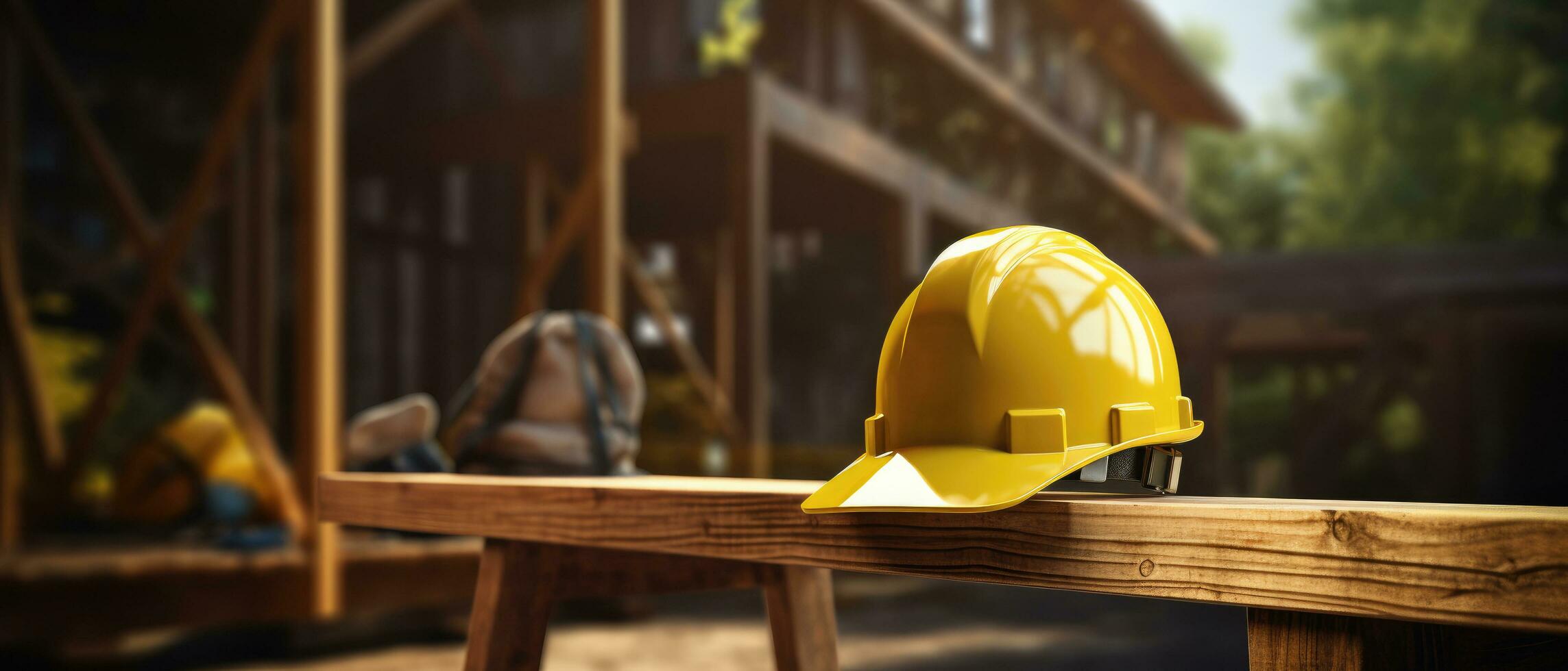 AI generated an yellow construction hard hat on a wooden bench photo