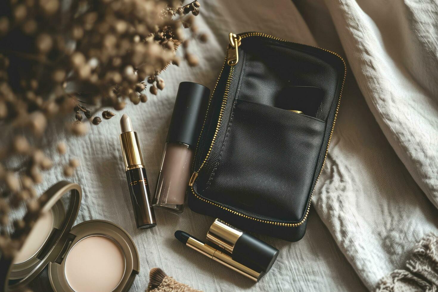 AI generated A minimalist image of a makeup pouch with carefully arranged products photo