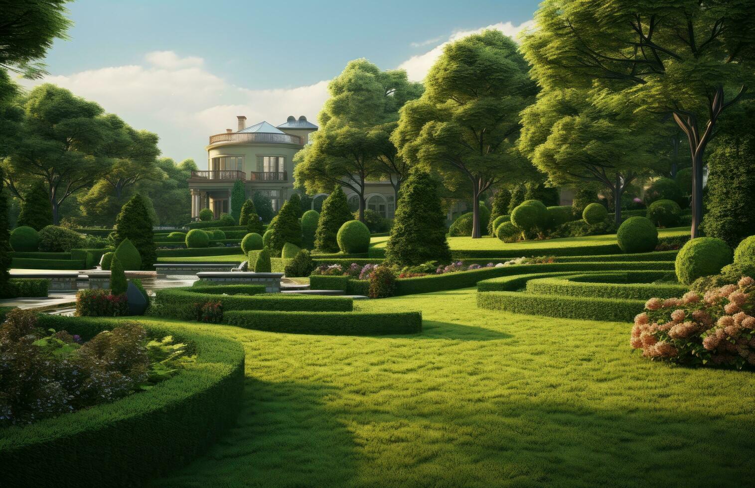 AI generated a lawn with a garden area full of hedges and trees photo