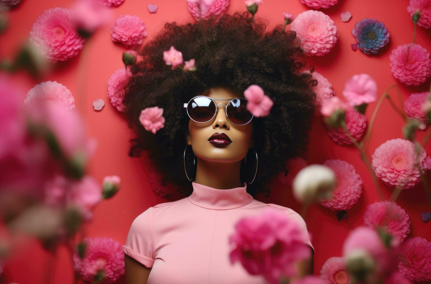 AI generated a girl with afro hair is holding flowers while watching a pink background photo