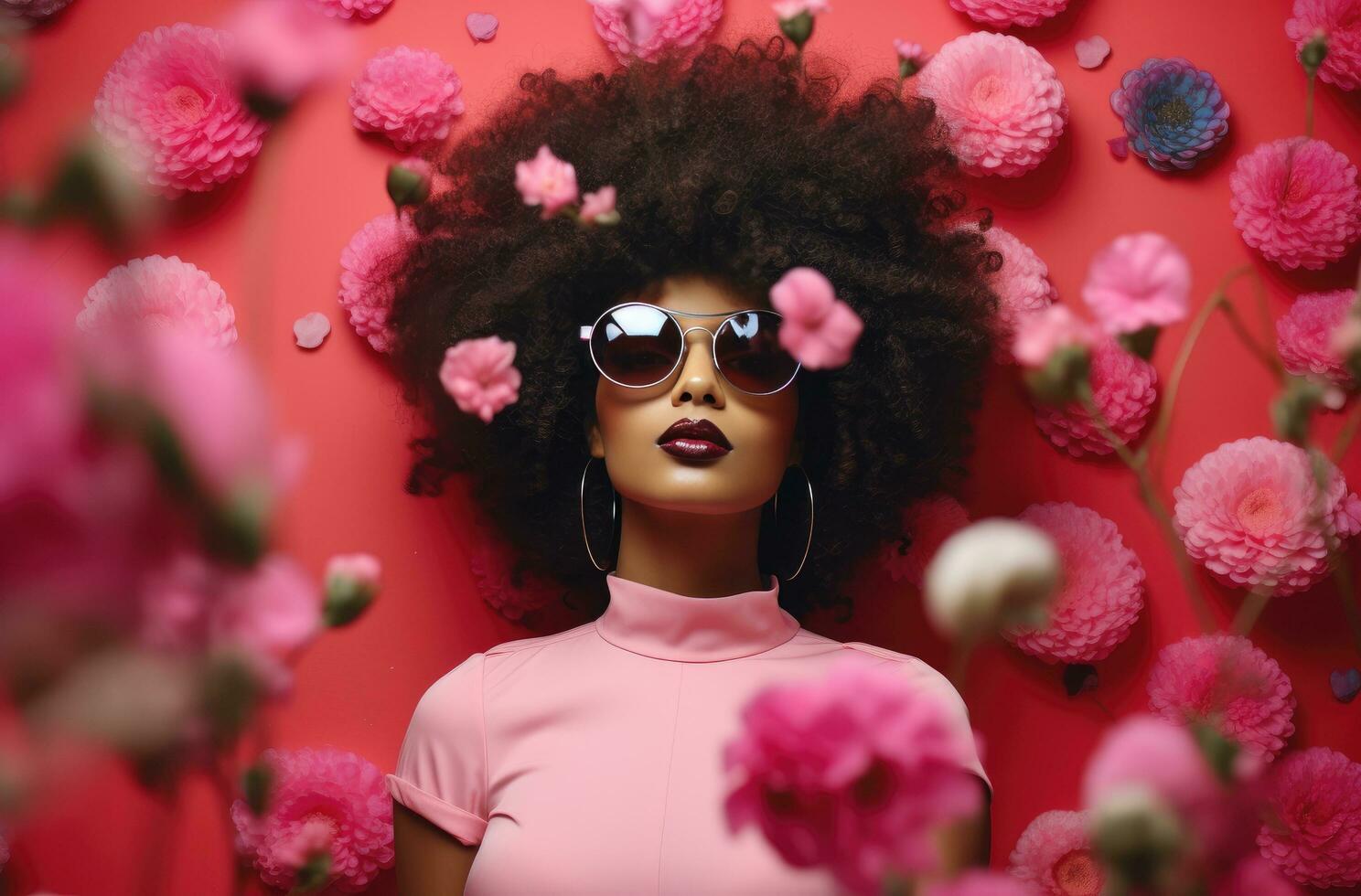 ai generado un niña con afro pelo es participación flores mientras acecho un rosado antecedentes foto