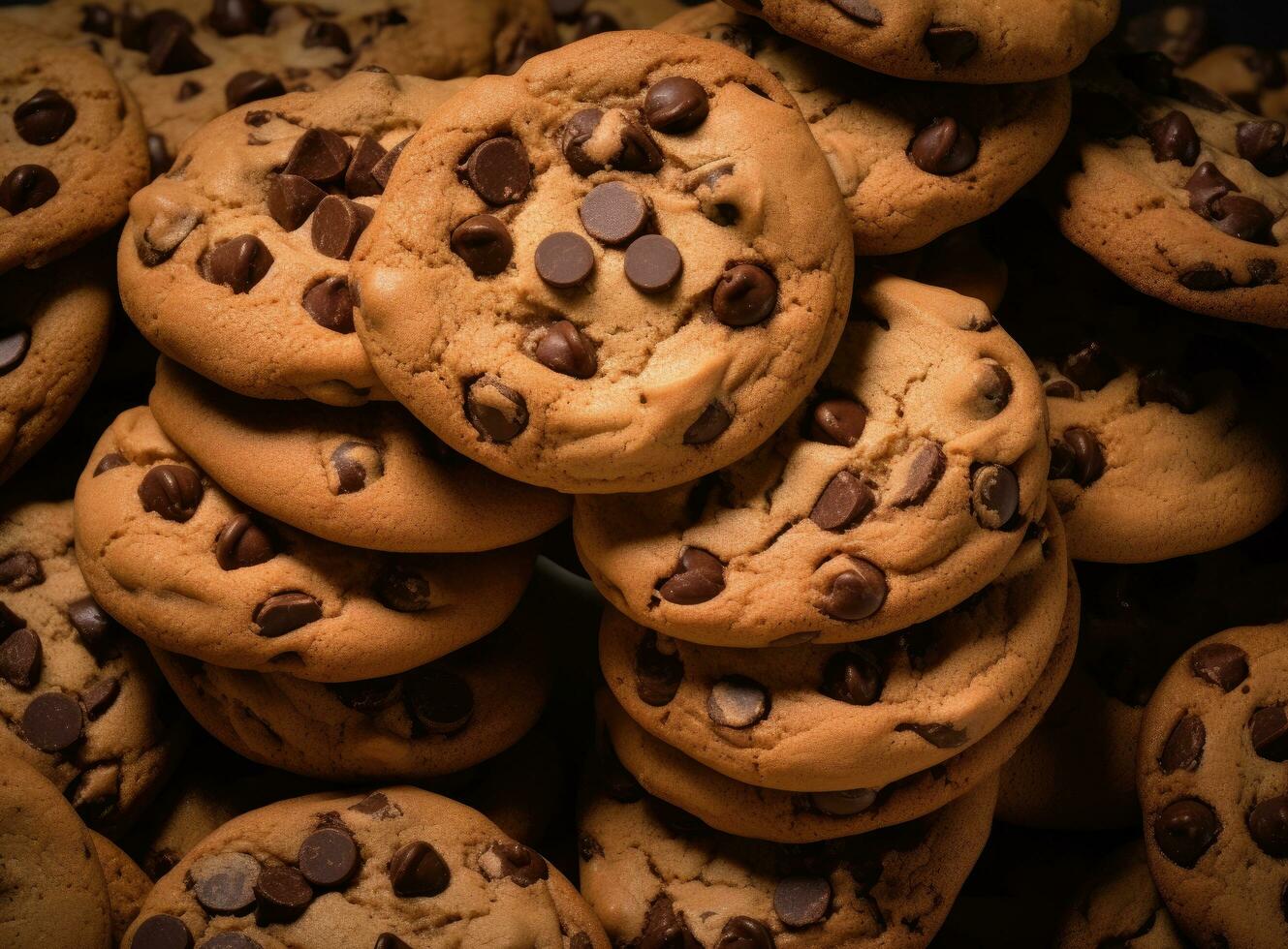 ai generado un apilar de chocolate chip galletas con chocolate papas fritas cerca a cada otro foto