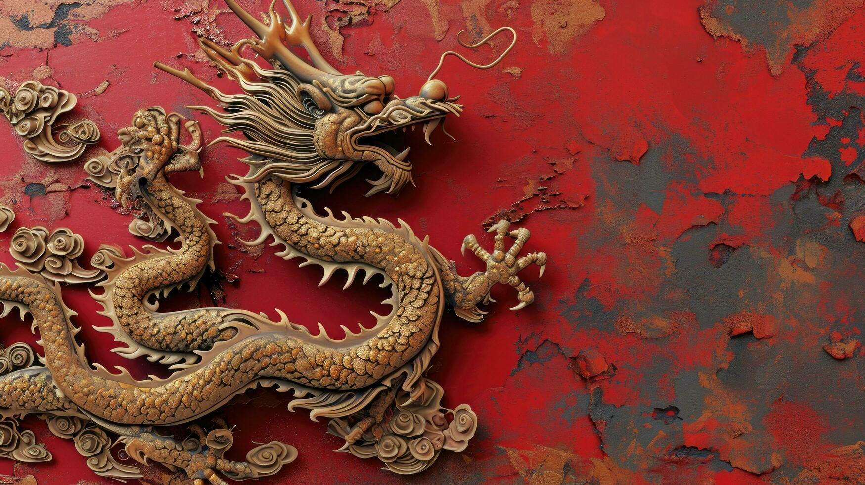 AI generated chinese dragon with swirls on red background, red and gold photo