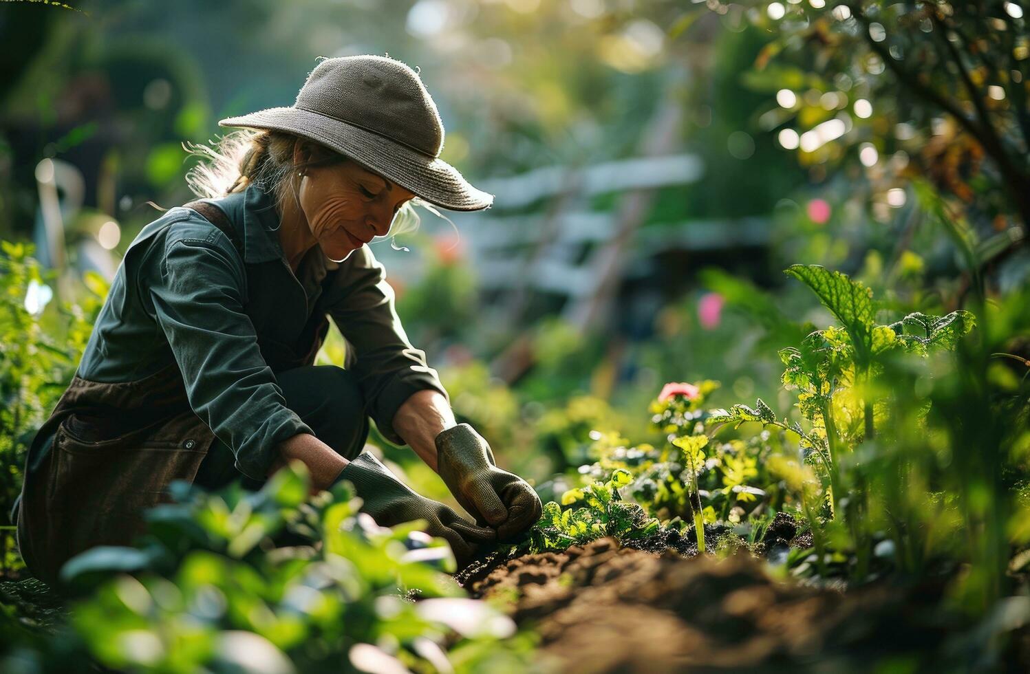 AI generated a woman in gardening gloves plowing plants photo