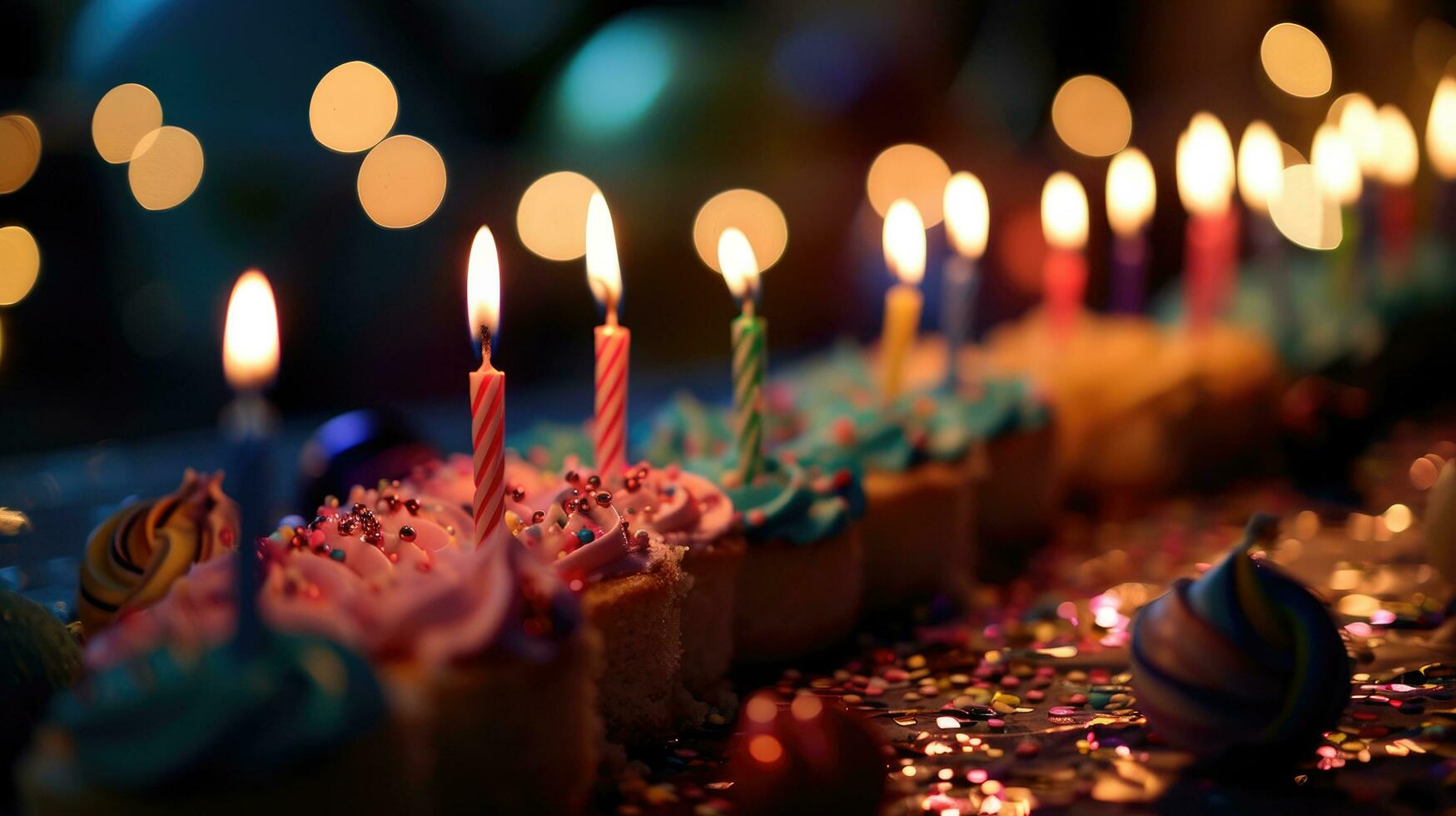 AI generated birthday cakes table in party with lights lit on photo