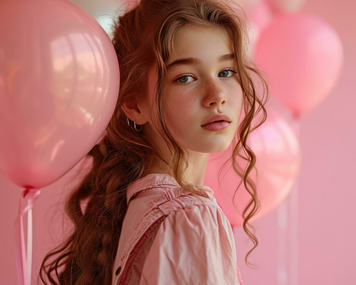 ai generado hermosa joven niña participación globos en rosado antecedentes foto