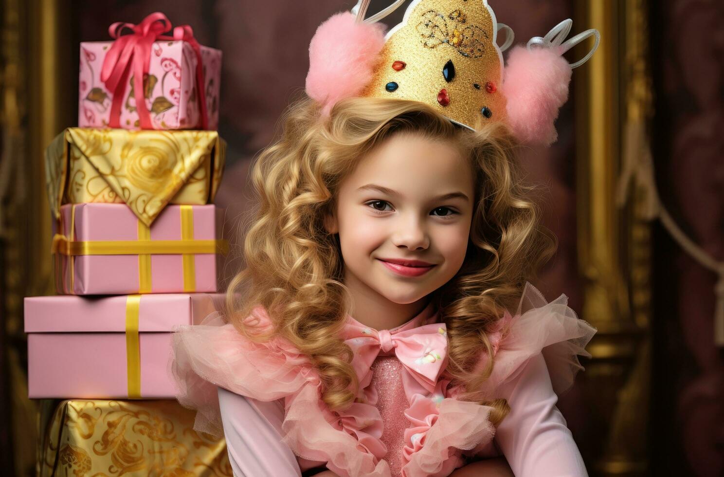 ai generado cumpleaños niña vistiendo un princesa sombrero con un cumpleaños caja foto