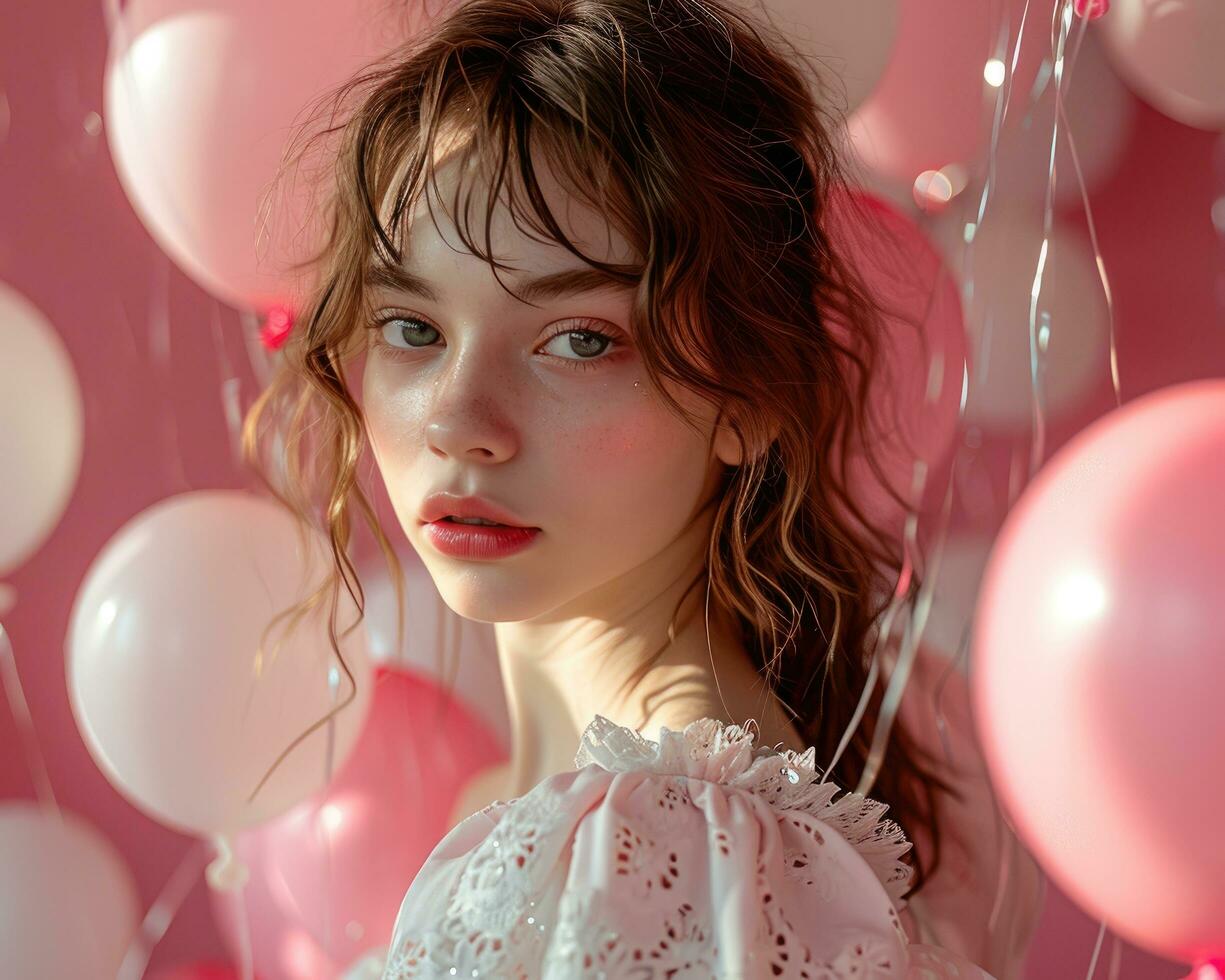 AI generated beautiful young girl holding balloons on pink background photo