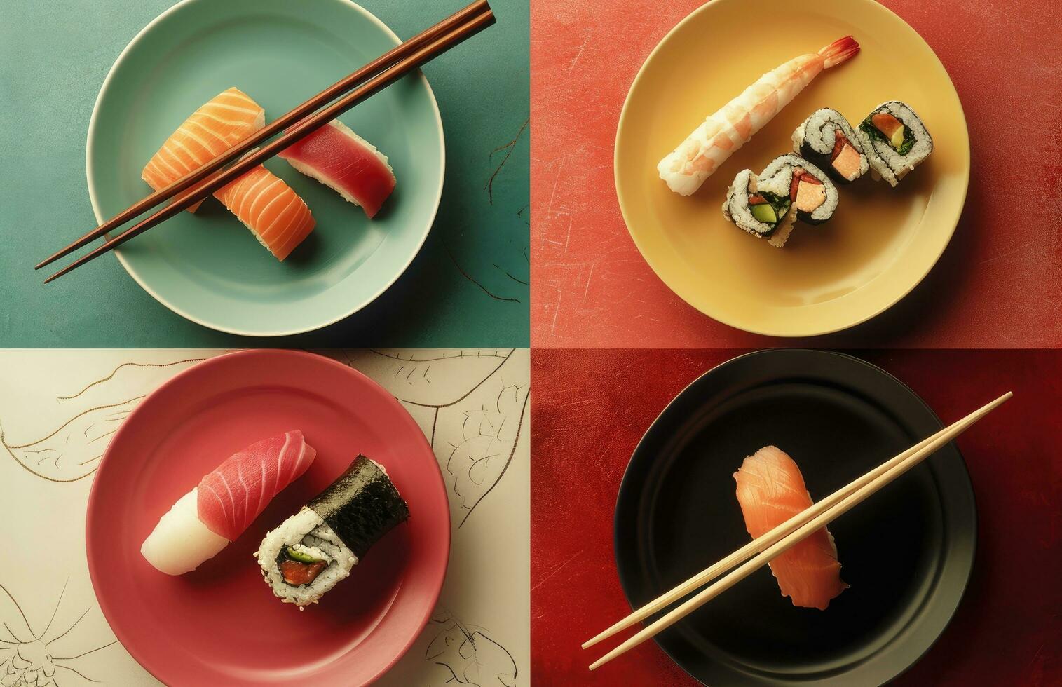 AI generated four plates featuring sushi sushi with chopsticks photo