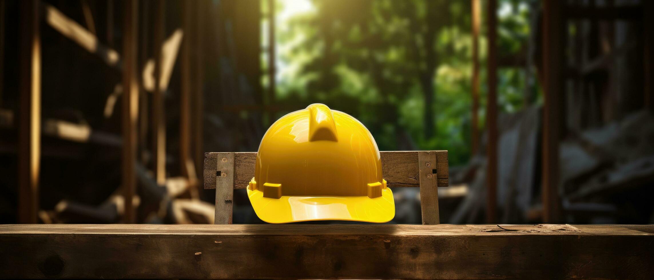 AI generated an yellow construction hard hat on a wooden bench photo