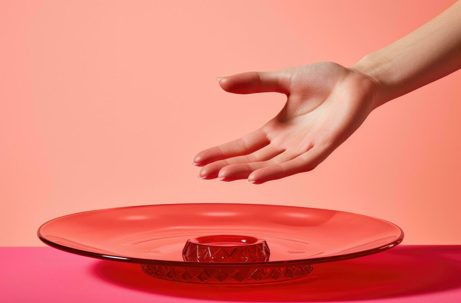 AI generated a woman is placing a red glass in a red plate on a pink background photo