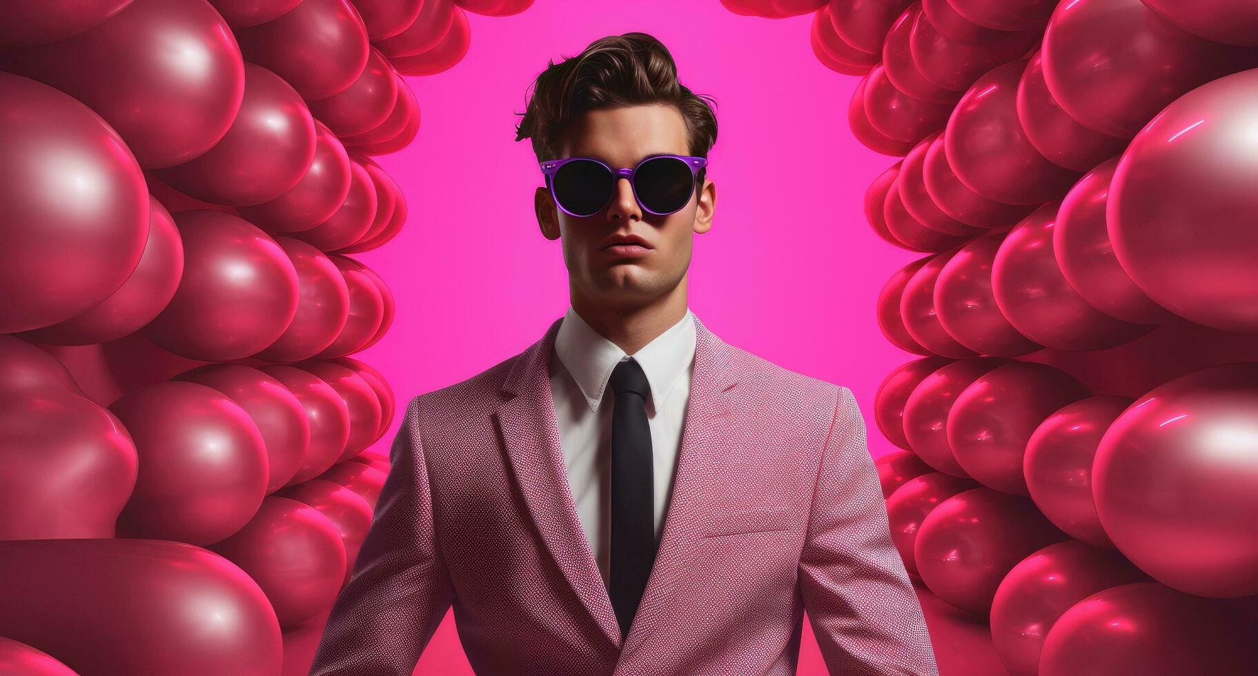AI generated a young man in a red suit standing in front of an easter egg with sunglasses on photo