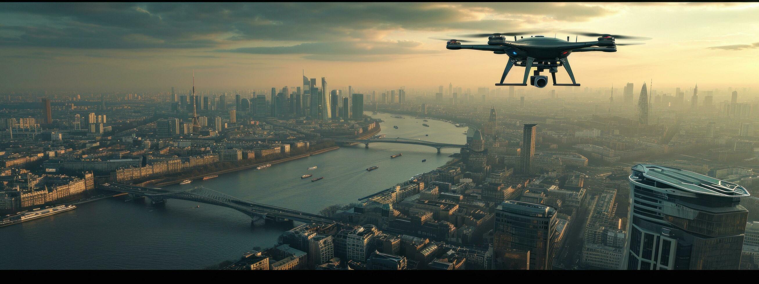 AI generated futuristic drone flying over a river with city photo