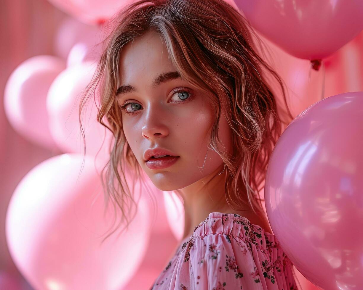 AI generated beautiful young girl holding balloons on pink background photo