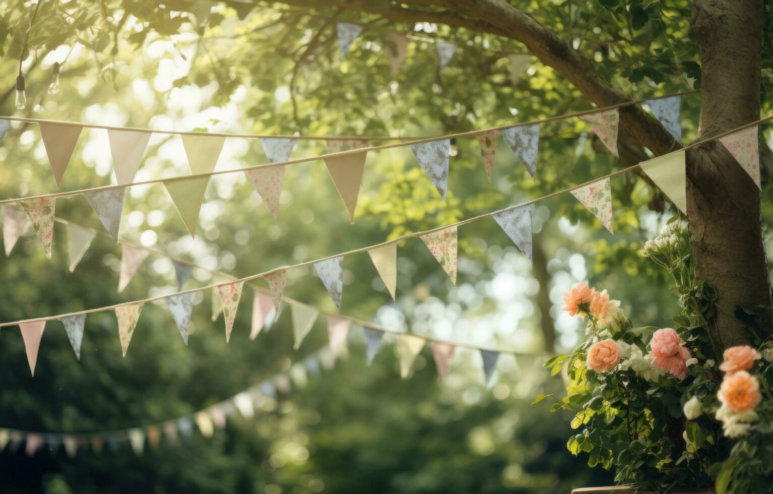 AI generated paper bunting in sunlight for a wedding or party photo