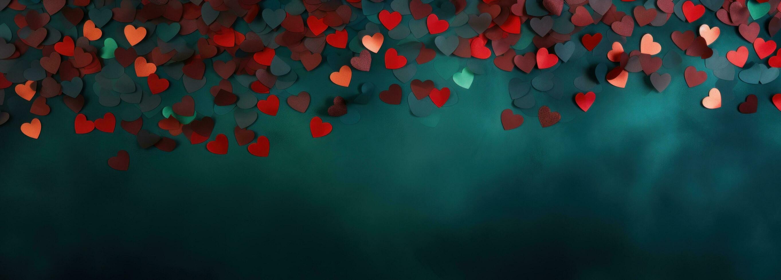 AI generated red heart paper confetti on green background photo