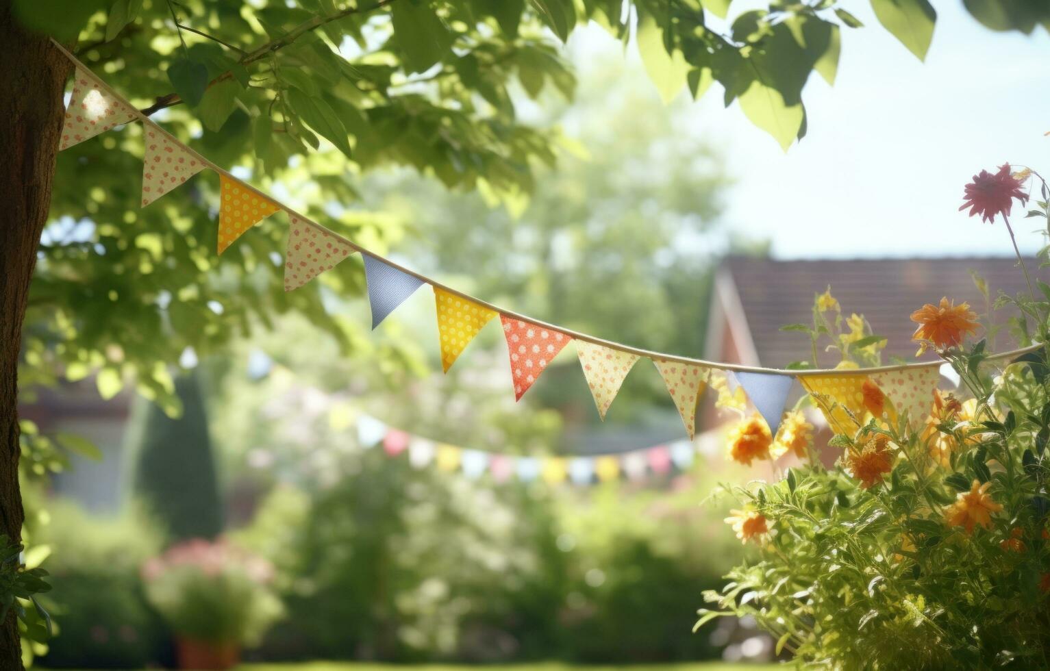 AI generated paper bunting in sunlight for a wedding or party photo