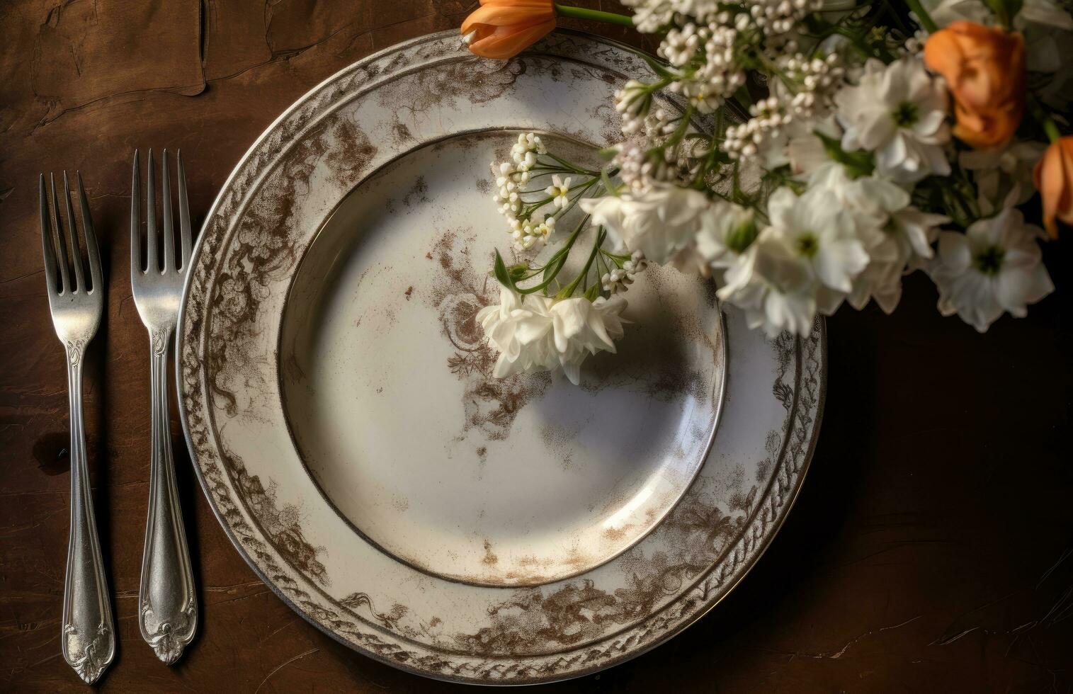 ai generado un antiguo blanco plato con marrón vajilla y flores foto